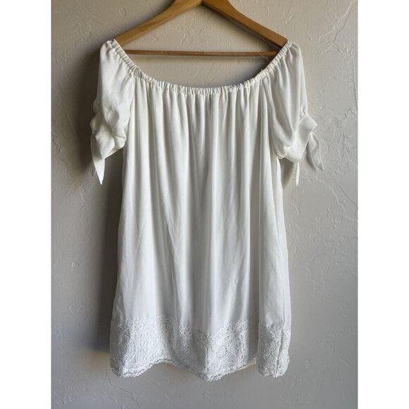 Lulus Size Medium White Off the Shoulder Shift Mini Dress Tie Sleeves Crochet La - Picture 3 of 10